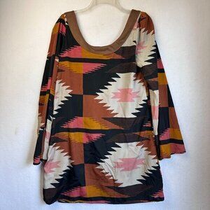 Judith March Mini Dress Womens L beaded fringe bell‎ sleeve aztec print NWOT